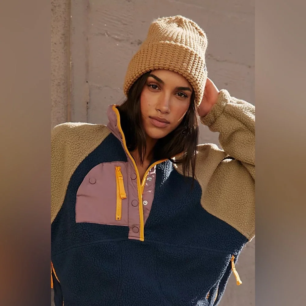 Free People Colorblock Teddy Jacket in Navy, Olive, Mauve & Mustard - Picture 4 of 10